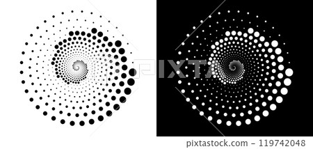 Modern abstract background. Halftone dots in circle form. Spiral logo, icon or design element. Black dots on a white background and white dots on the black side. 119742048