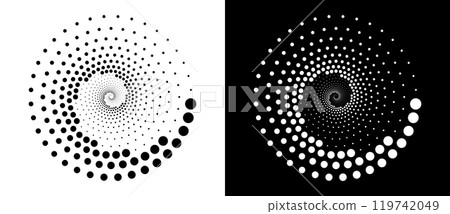 Modern abstract background. Halftone dots in circle form. Spiral logo, icon or design element. Black dots on a white background and white dots on the black side. 119742049