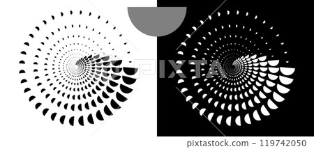 Abstract background with semicircles in circle. Art design spiral as logo or icon. A black figure on a white background and an equally white figure on the black side. Abstract background with semicircles in circle. Art design spiral as logo or icon. A black figure on a white background and an equally white figure on the black side. 119742050