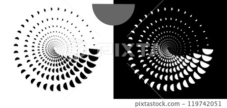 Abstract background with semicircles in circle. Art design spiral as logo or icon. A black figure on a white background and an equally white figure on the black side. Abstract background with semicircles in circle. Art design spiral as logo or icon. A black figure on a white background and an equally white figure on the black side. 119742051