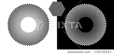 Halftone round as icon or background. Abstract vector circle with hexagons as logo or emblem. Black shape on a white background and the same white shape on the black side. Halftone round as icon or background. Abstract vector circle with hexagons as logo or emblem. Black shape on a white background and the same white shape on the black side. 119742053