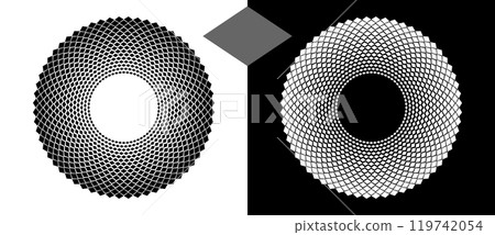 Abstract background with rhombuses in circle. Art design circle as logo or icon. A black figure on a white background and an equally white figure on the black side. Abstract background with rhombuses in circle. Art design circle as logo or icon. A black figure on a white background and an equally white figure on the black side. 119742054