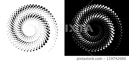 Modern abstract background. Halftone dots in circle form. Spiral logo, icon or design element. Black dots on a white background and white dots on the black side. 119742060