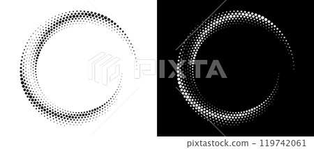 Modern abstract background. Halftone dots in circle form. Spiral logo, icon or design element. Black dots on a white background and white dots on the black side. 119742061
