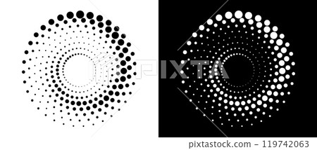 Modern abstract background. Halftone dots in circle form. Spiral logo, icon or design element. Black dots on a white background and white dots on the black side. Modern abstract background. Halftone dots in circle form. Spiral logo, icon or design element. Black dots on a white background and white dots on the black side. 119742063