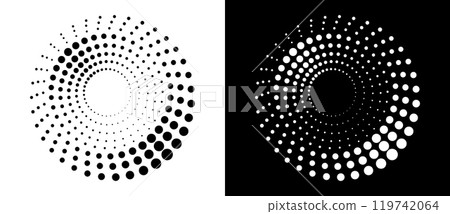 Modern abstract background. Halftone dots in circle form. Round logo. Vector dotted frame. Design element or icon. Black shape on a white background and the same white shape on the black side. Modern abstract background. Halftone dots in circle form. Round logo. Vector dotted frame. Design element or icon. Black shape on a white background and the same white shape on the black side. 119742064