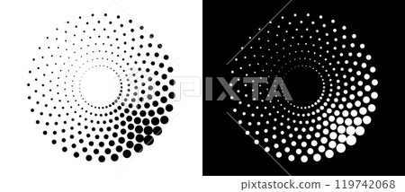 Modern abstract background. Halftone dots in circle form. Round logo. Vector dotted frame. Design element or icon. Black shape on a white background and the same white shape on the black side. Modern abstract background. Halftone dots in circle form. Round logo. Vector dotted frame. Design element or icon. Black shape on a white background and the same white shape on the black side. 119742068