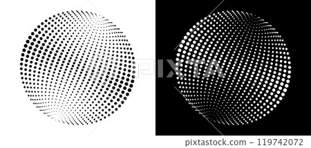 Modern abstract background. Halftone dots in circle form. Round logo. Vector dotted frame. Design element or icon. Black shape on a white background and the same white shape on the black side. Modern abstract background. Halftone dots in circle form. Round logo. Vector dotted frame. Design element or icon. Black shape on a white background and the same white shape on the black side. 119742072