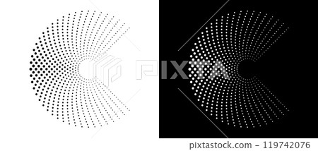 Modern abstract background. Halftone dots in circle form. Letter C like logo, icon or design element. Black dots on a white background and white dots on the black side. 119742076