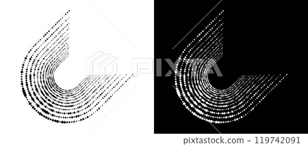Modern abstract background. Halftone dots in circle form. Letter C like logo, icon or design element. Black dots on a white background and white dots on the black side. 119742091