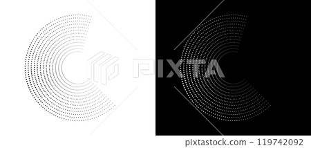 Modern abstract background. Halftone dots in circle form. Letter C like logo, icon or design element. Black dots on a white background and white dots on the black side. Modern abstract background. Halftone dots in circle form. Letter C like logo, icon or design element. Black dots on a white background and white dots on the black side. 119742092