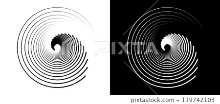 Abstract background with lines in circle. Art design spiral as logo or icon. A black figure on a white background and an equally white figure on the black side. 119742103