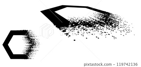 Hexagon with glitch halftone texture. Black shape on a white background normal and perspective view. 119742136