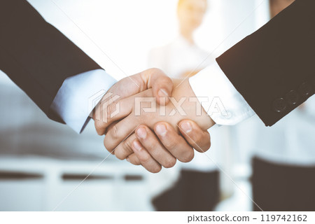 Businessman and woman shaking hands with colleagues at the background. Handshake at meeting in sunny office Businessman and woman shaking hands with colleagues at the background. Handshake at meeting in sunny office 119742162