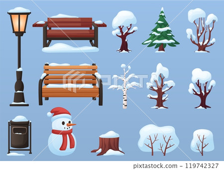 Winter nature landscape elements. Tree and bushes under snow hats, snowy bench lantern trash can. Cartoon seasonal park garden clipart, nowaday vector set 119742327