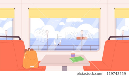 Train window view. Cartoon railway cabin interior with table and cozy chairs. Sea side view from carriage, ocean coast, vacation travel racy vector scene Train window view. Cartoon railway cabin interior with table and cozy chairs. Sea side view from carriage, ocean coast, vacation travel racy vector scene 119742339