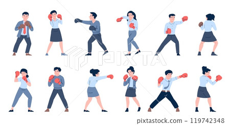 Business boxing. Office people in boxers gloves stand in fighting poses. Sprong men and women ready to fight for success and work, recent vector characters 119742348