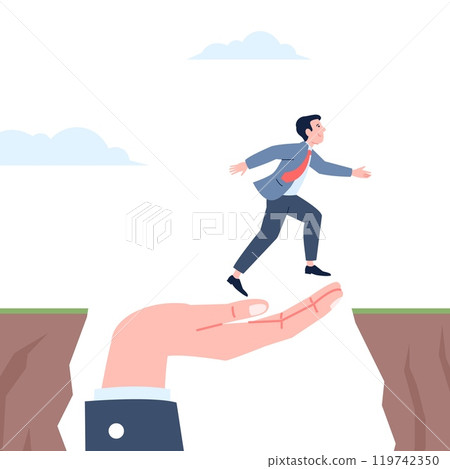 Career jump help. Hand of supporting in business or work progress. Man jumping over hole with helping of boss, job support recent vector scene 119742350