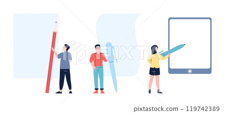 People with stationery at empty pages. Men woman holding pencil and pen, fill out paper and electronic forms. Isolated office characters, vector set 119742389