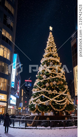 [9:16 version] Snowy night in the city with a large Christmas tree decorated X'mas Merry Christmas Date 119742428