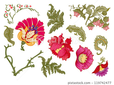 Fantasy flowers in retro, vintage, jacobean embroidery style. 119742477