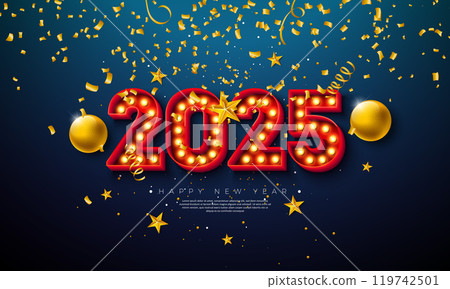 Happy New Year 2025 Illustration with 3d Glowing Light Bulb Billboard Typography Lettering, Christmas Ball and Falling Confetti on Blue Background. Holiday Design for Party Flyer, Celebration Banner Happy New Year 2025 Illustration with 3d Glowing Light Bulb Billboard Typography Lettering, Christmas Ball and Falling Confetti on Blue Background. Holiday Design for Party Flyer, Celebration Banner 119742501