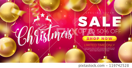 Christmas Sale Design with Ornamental Ball and Light Bulb Billboard on Red Background. Holiday Vector Business Illustration with Special Offer Typography Elements for Coupon, Voucher, Banner, Flyer 119742528