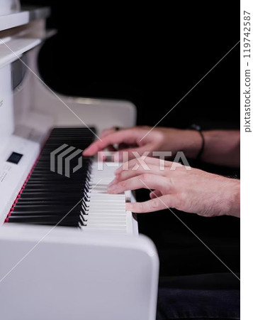 Playing piano. Hands push the key Playing piano. Hands push the key 119742587