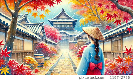 水彩風格插畫：女人從後面看著秋葉和第一場雪 119742756