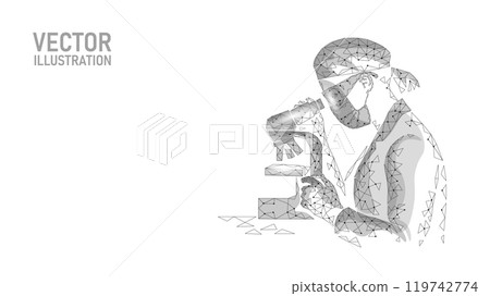 Woman doctor scientists with microscope. Safety medical mask virus microscope vaccine. Developing pandemic virus of bacteria treatment. Healthcare immunization research vector illustration Woman doctor scientists with microscope. Safety medical mask virus microscope vaccine. Developing pandemic virus of bacteria treatment. Healthcare immunization research vector illustration 119742774