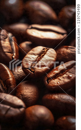 Close up image of roasted coffee beans from Colombia. Close up image of roasted coffee beans from Colombia. 119743499