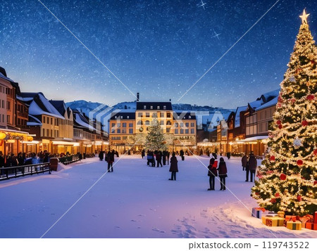 [4:3 version] Snowy night city with a large decorated Christmas tree X'mas Merry Christmas Date 119743522