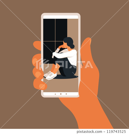 Crisis hotline. Hand holding a smartphone. New technologies concept. Mental health. 119743525