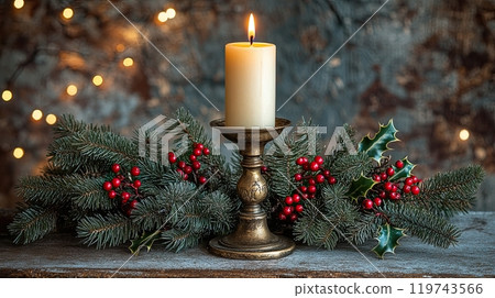 A tall, white candle burning in a vintage brass candle holder,made of pine branches, and red berries 119743566