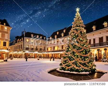 [4:3 version] Snowy night city with a large decorated Christmas tree X'mas Merry Christmas Date 119743580