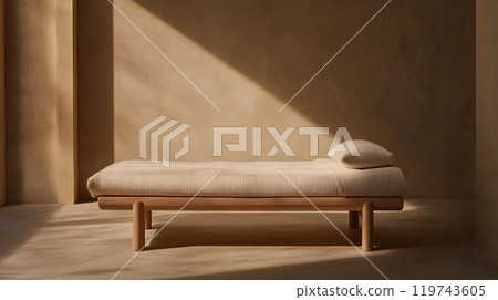 Minimalist bed with sunlight and shadows 119743605