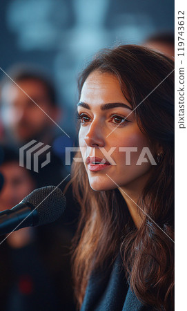 Female political candidate addressing the media during an event 119743612