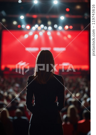 A back view Female Candidate Speaking at Large Event 119743616