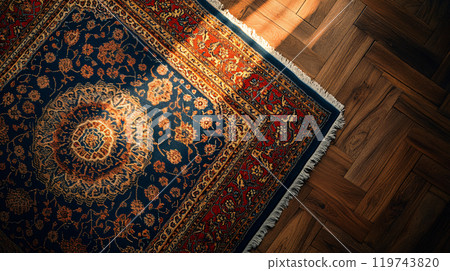 Top-down View of Persian Rug with Floral Motifs 119743820
