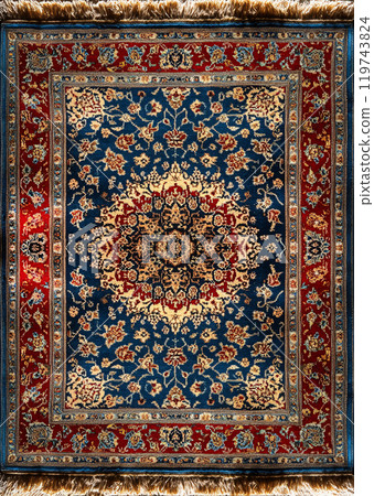 Traditional Persian carpet with bold floral medallion Traditional Persian carpet with bold floral medallion 119743824
