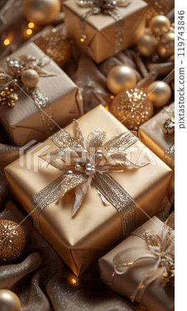 Golden New Year's gifts with luxurious ribbons and bows Golden New Year's gifts with luxurious ribbons and bows 119743846