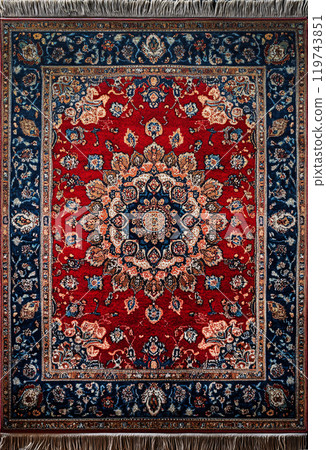 Persian carpet with red and blue floral medallion design 119743851