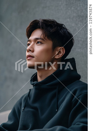 Contemplative Portrait of Asian Man in Urban Setting Contemplative Portrait of Asian Man in Urban Setting 119743874