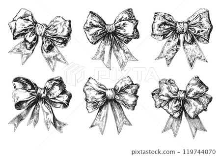 Vintage Gift Bows Antique Monochrome Engraving Vintage Illustration On White Background Classic Design Retro Art Detailed Graphic Black And White 119744070