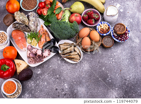Pescetarian diet with seafood, fruit and vegetables Pescetarian diet with seafood, fruit and vegetables 119744079