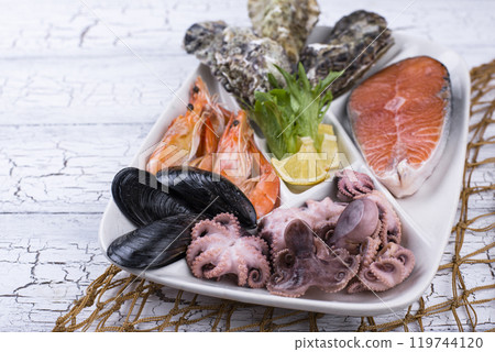 Set of various seafood in plate 119744120
