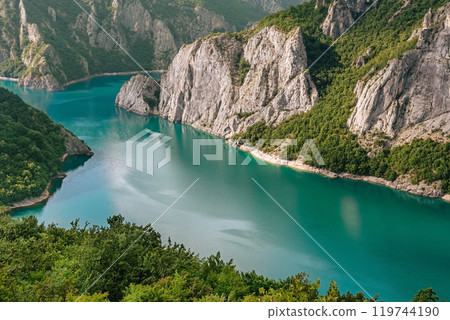 Landscape of Piva Lake in Piva River Canyon Landscape of Piva Lake in Piva River Canyon 119744190