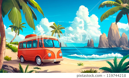 Cartoon Beach Travel Bus Illustration Beach And Bright Sunlight Creating A Cheerful Atmosphere Ideal For Summertime Travel Themes And Family Vacations 119744218