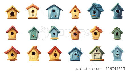 Birdhouses Cartoon Style Icons Set Featuring Various Colorful And Whimsical Designs Including Traditional Wooden Birdhouses Modern Styles With Unique Roofs And Creative Shapes 119744225