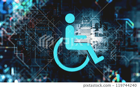 Accessibility icon with wheelchair and technology abstract background.3d illustration. 119744240